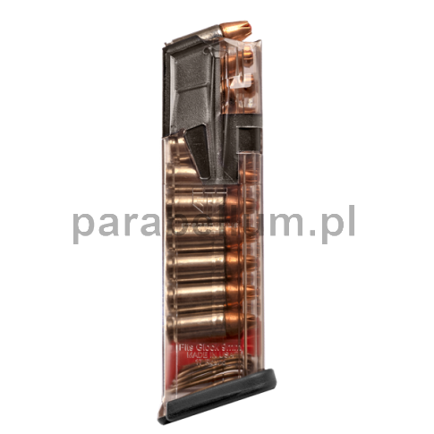 Magazynek ETS Omega do Glock 17 – 17 nabojów, stalowo-polimerowy, przezroczysty z czerwonym popychaczem